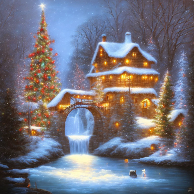 Cozy Cottage with Christmas Decorations, Waterfall, Snowfall