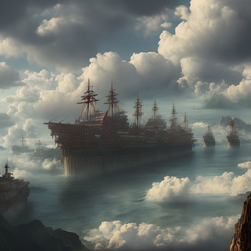 Surreal seascape with oversized ships above clouds