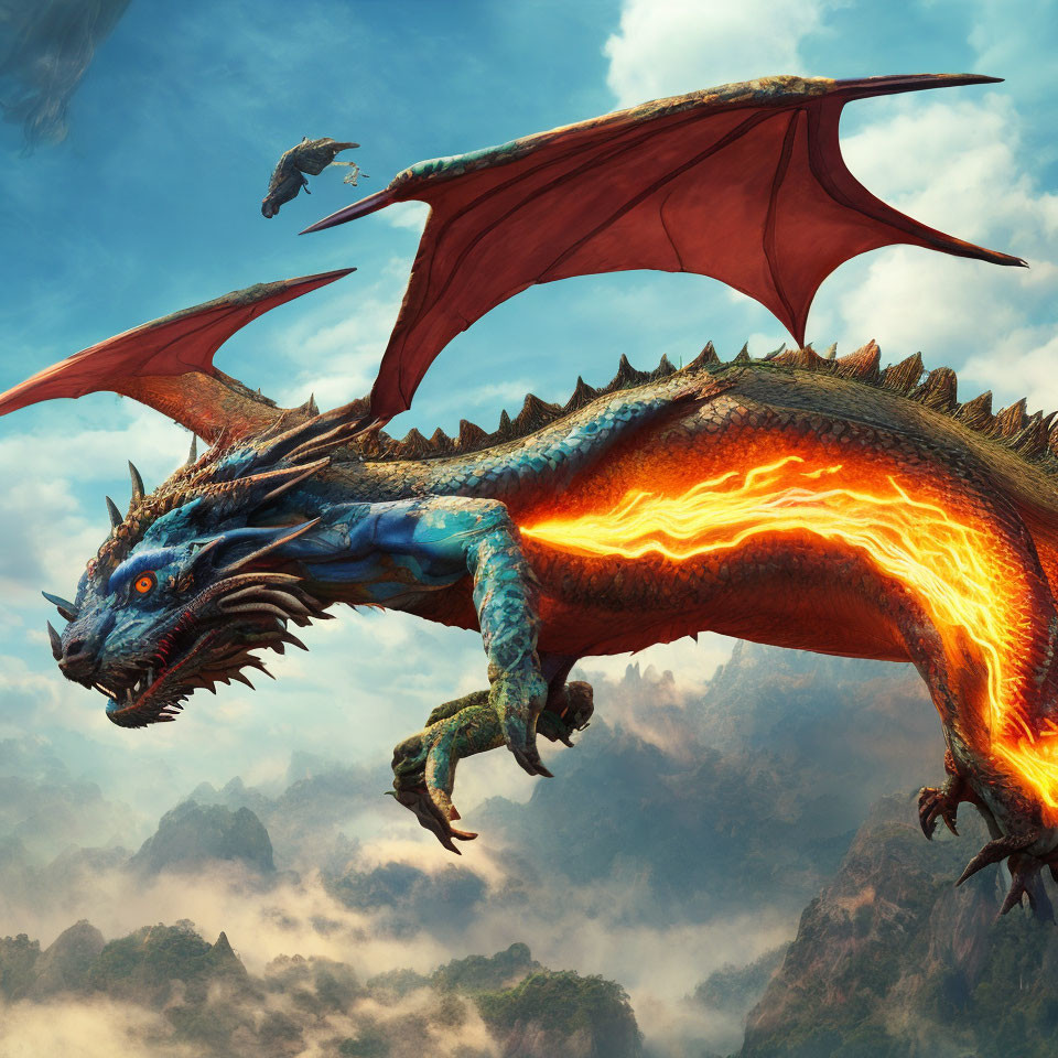 Majestic blue and orange dragons soaring over rugged mountains