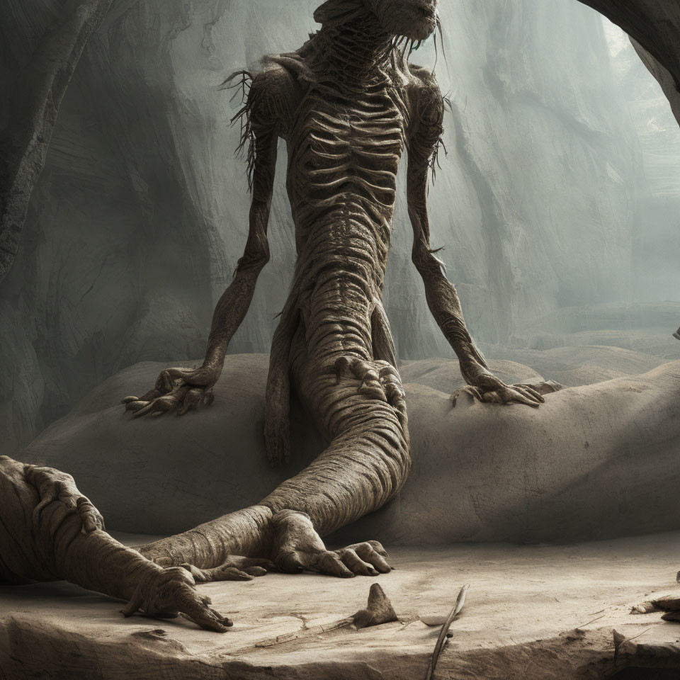 Elongated Limbs Dragon-Like Creature in Cavernous Setting