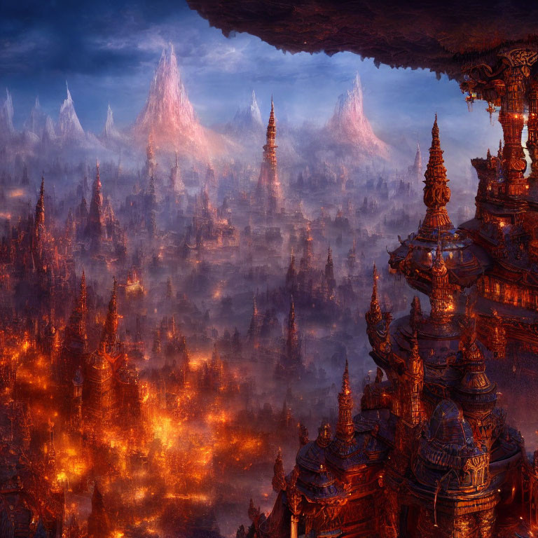 Fantastical landscape with glowing orange lights and towering spires at twilight