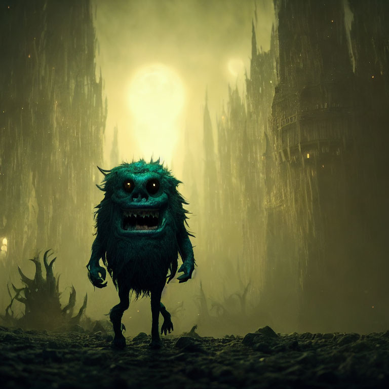 Blue furry creature in dark forest with glowing orb