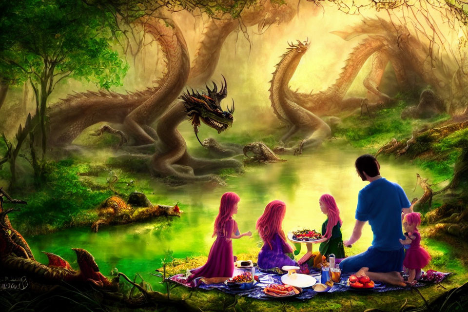 Family picnic in fantasy forest with three dragons and glowing trees