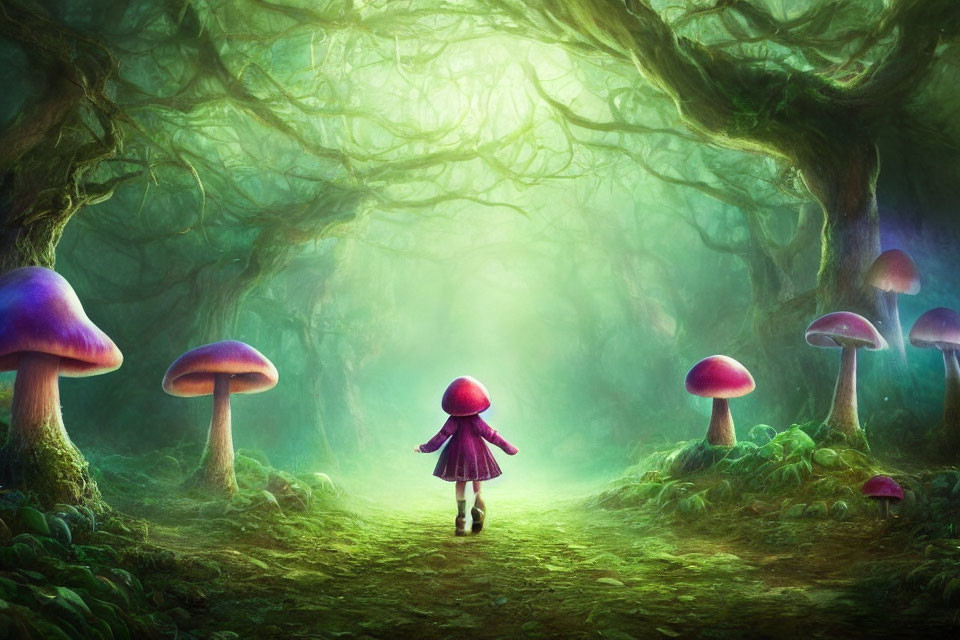 Child in Red Hat Explores Enchanting Forest with Mushrooms and Twisted Trees