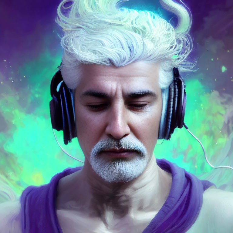 Mature man with white hair and beard in headphones on mystical background