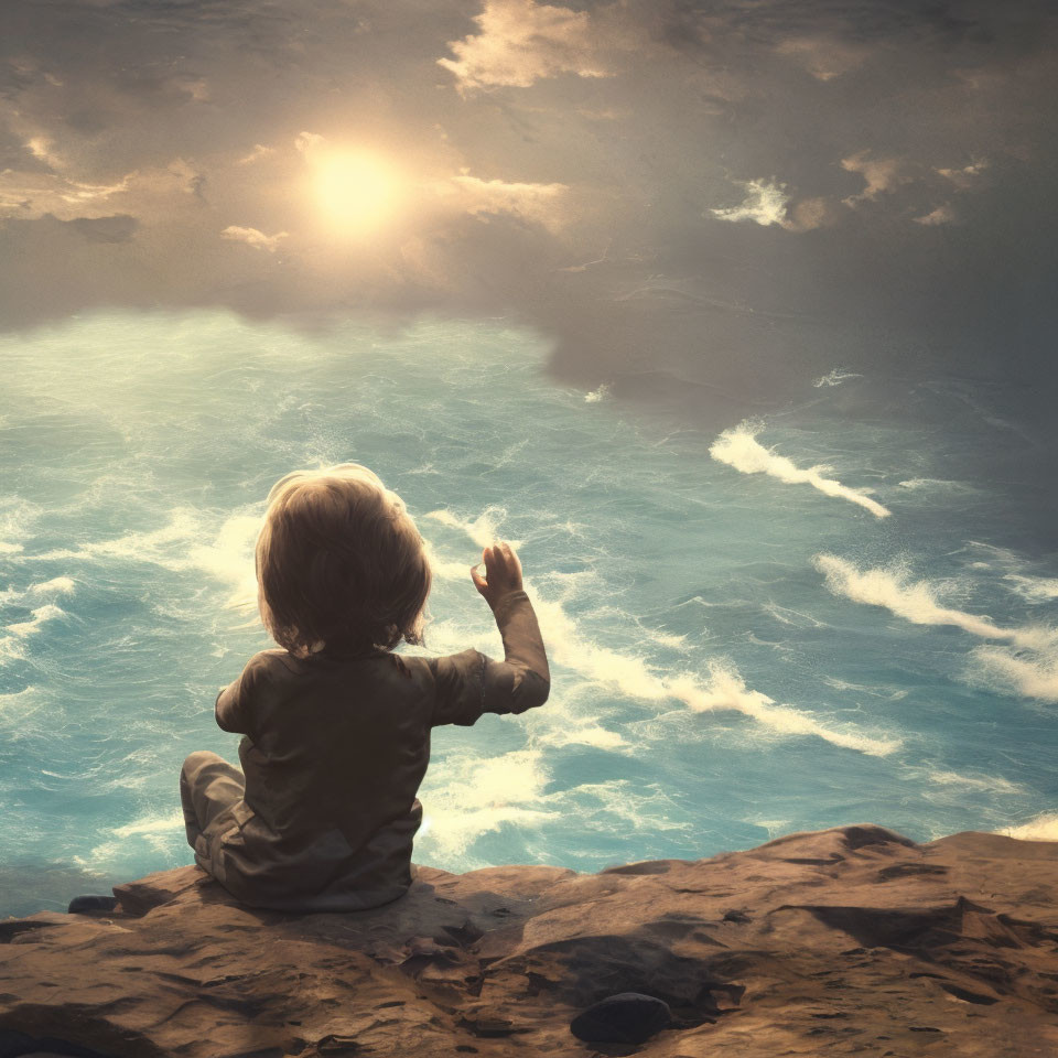 Child sitting on rocky ledge gazes at dramatic sky over vast sea