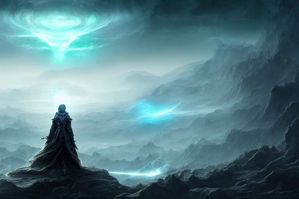 Cloaked figure on rocky terrain gazes at surreal landscape with glowing lights.
