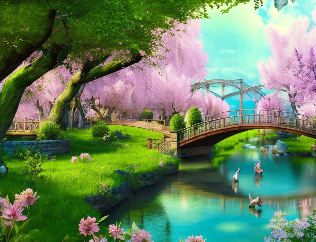 Tranquil landscape with river, cherry blossoms, bridge, greenery, and swans