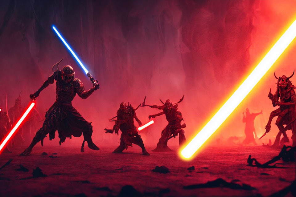 Four Figures in Lightsaber Confrontation Amid Misty Red Backdrop