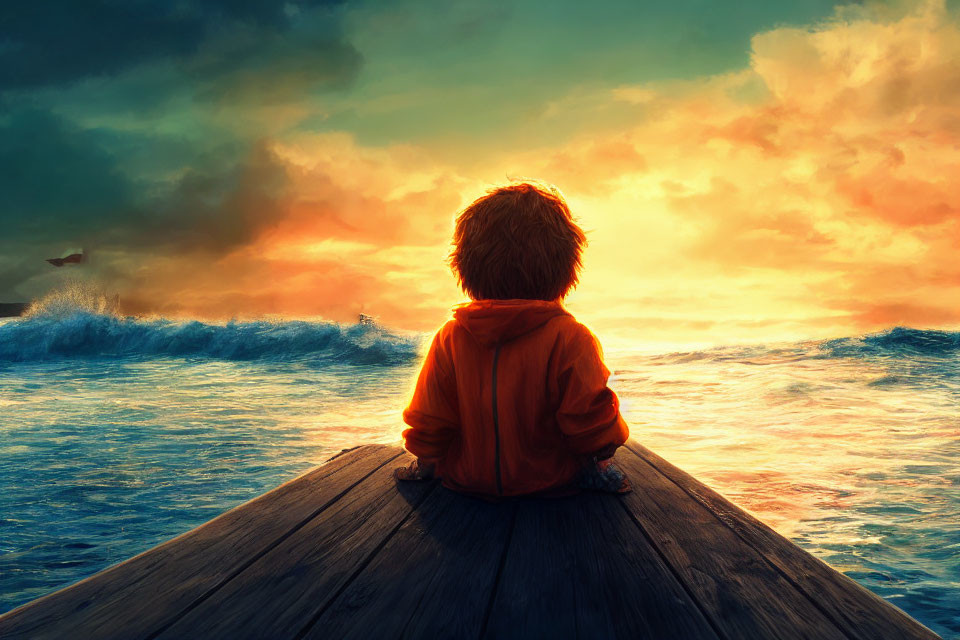Child in Orange Hoodie Watches Sunset on Wooden Dock