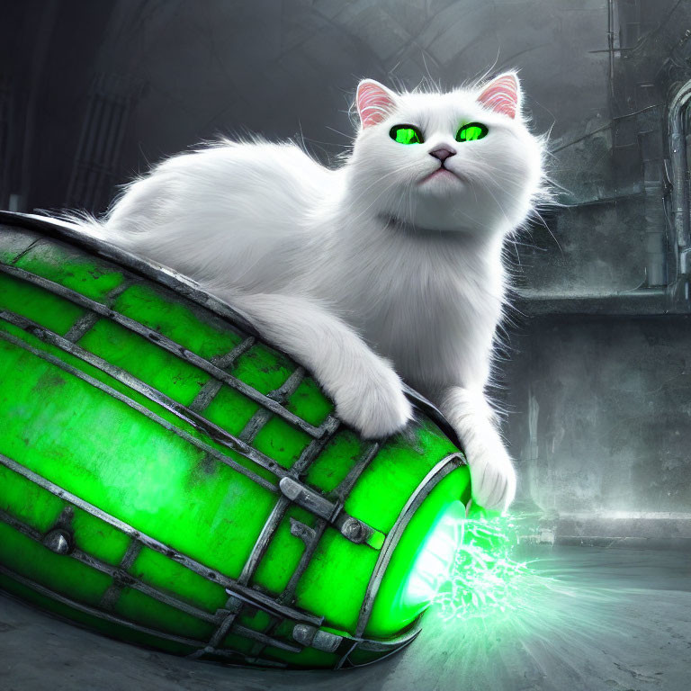 White Cat with Green Eyes on Glowing Barrel in Industrial Setting