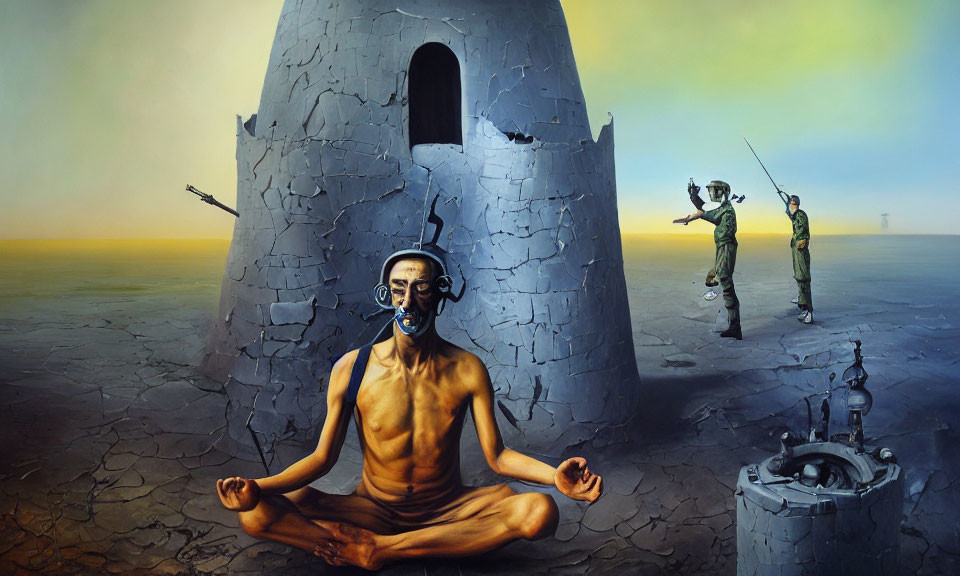 Person meditating with gas mask in desolate landscape with tower and hazmat figures