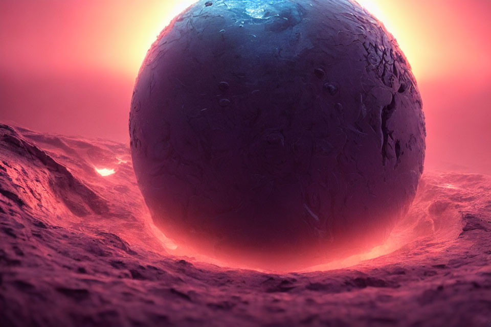 Surreal landscape with blue sphere on rocky surface under pink sky