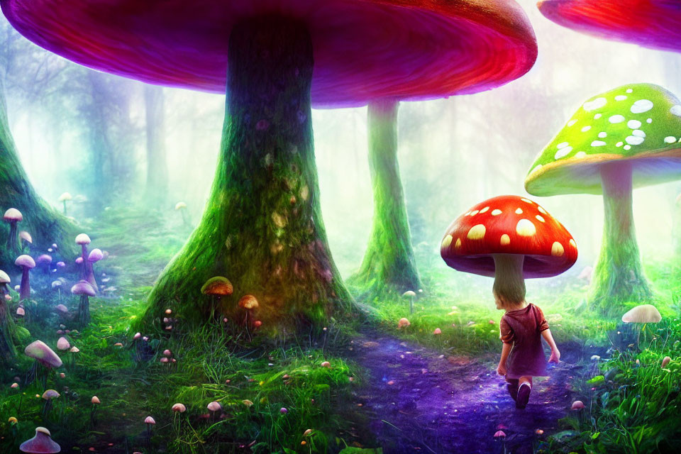 Child Walking Through Mystical Forest with Oversized Mushrooms and Ethereal Haze
