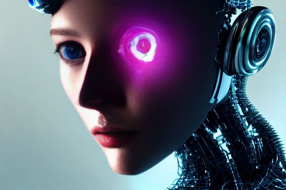 Female half-human, half-robot face with advanced cybernetics and glowing blue eyes.
