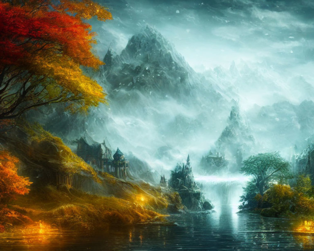 Fantasy landscape with autumn tree, castle, mountains, glowing river, and twilight sky