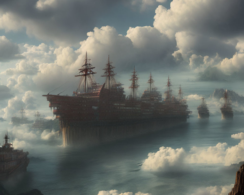 Surreal seascape with oversized ships above clouds