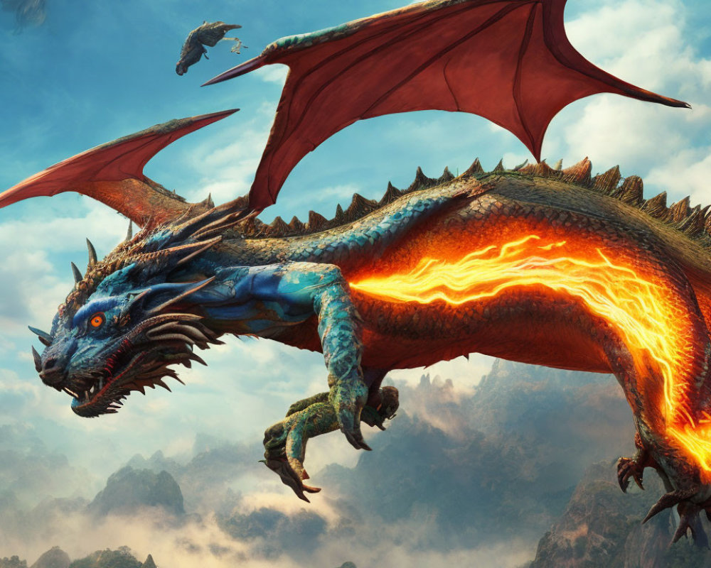 Majestic blue and orange dragons soaring over rugged mountains