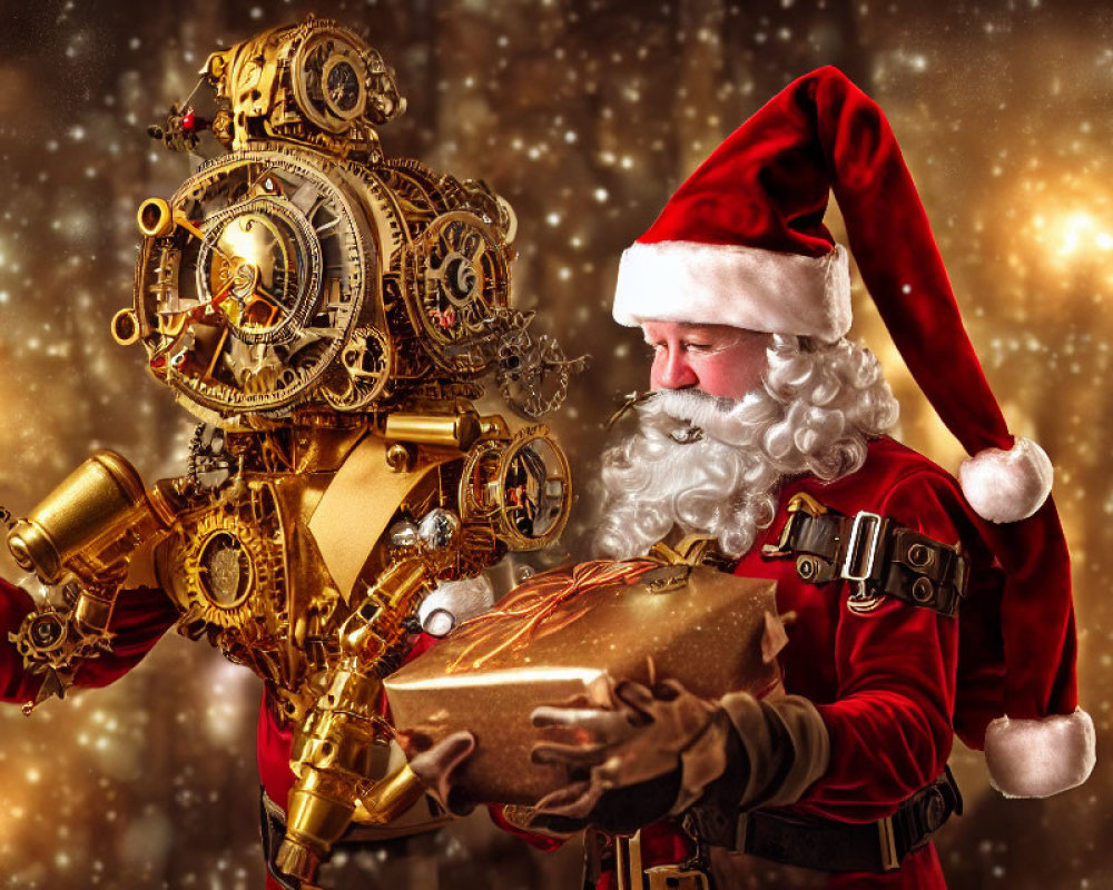 Santa Claus in Red Costume with Golden Mechanical Reindeer and Gift on Starry Background