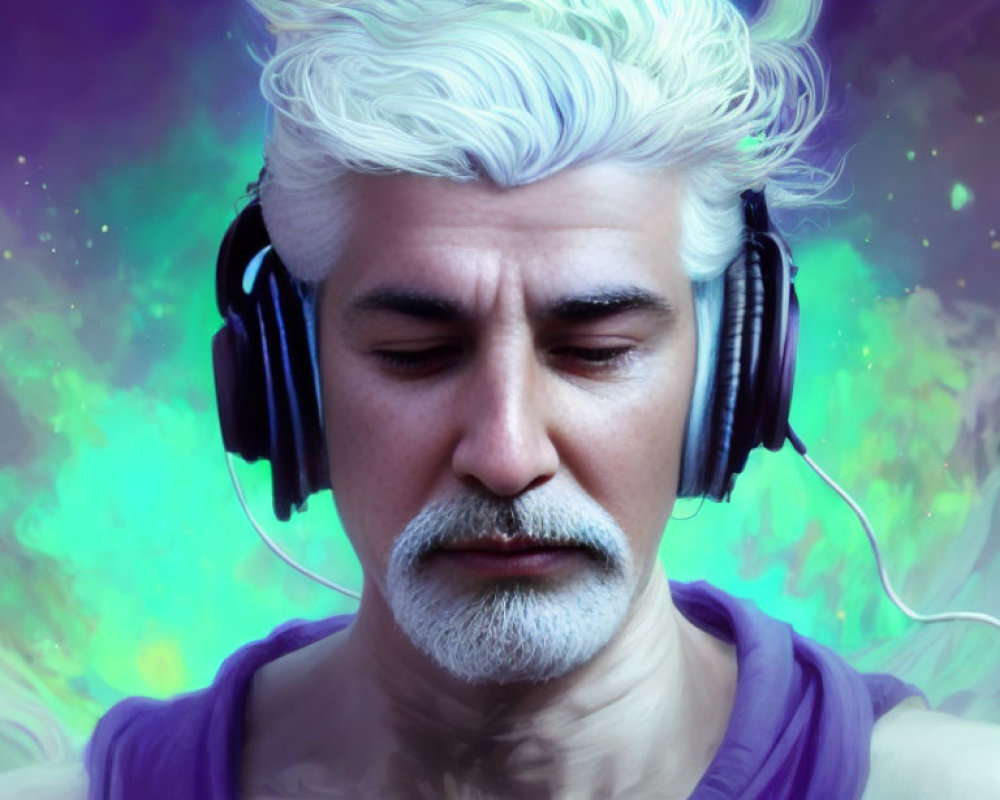Mature man with white hair and beard in headphones on mystical background