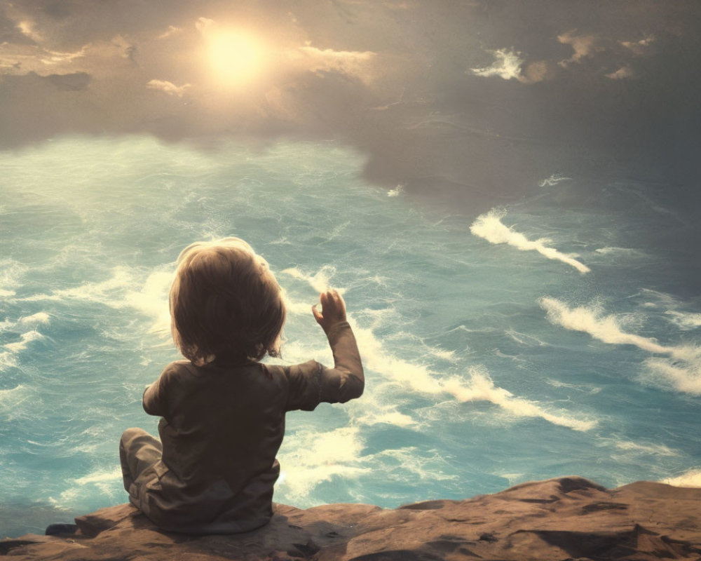 Child sitting on rocky ledge gazes at dramatic sky over vast sea
