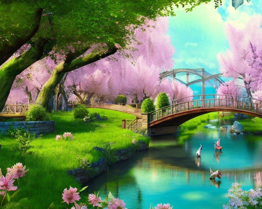 Tranquil landscape with river, cherry blossoms, bridge, greenery, and swans
