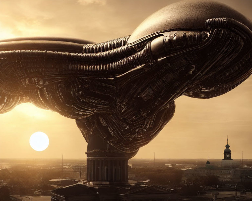 Futuristic alien spaceship above classic building at sunset