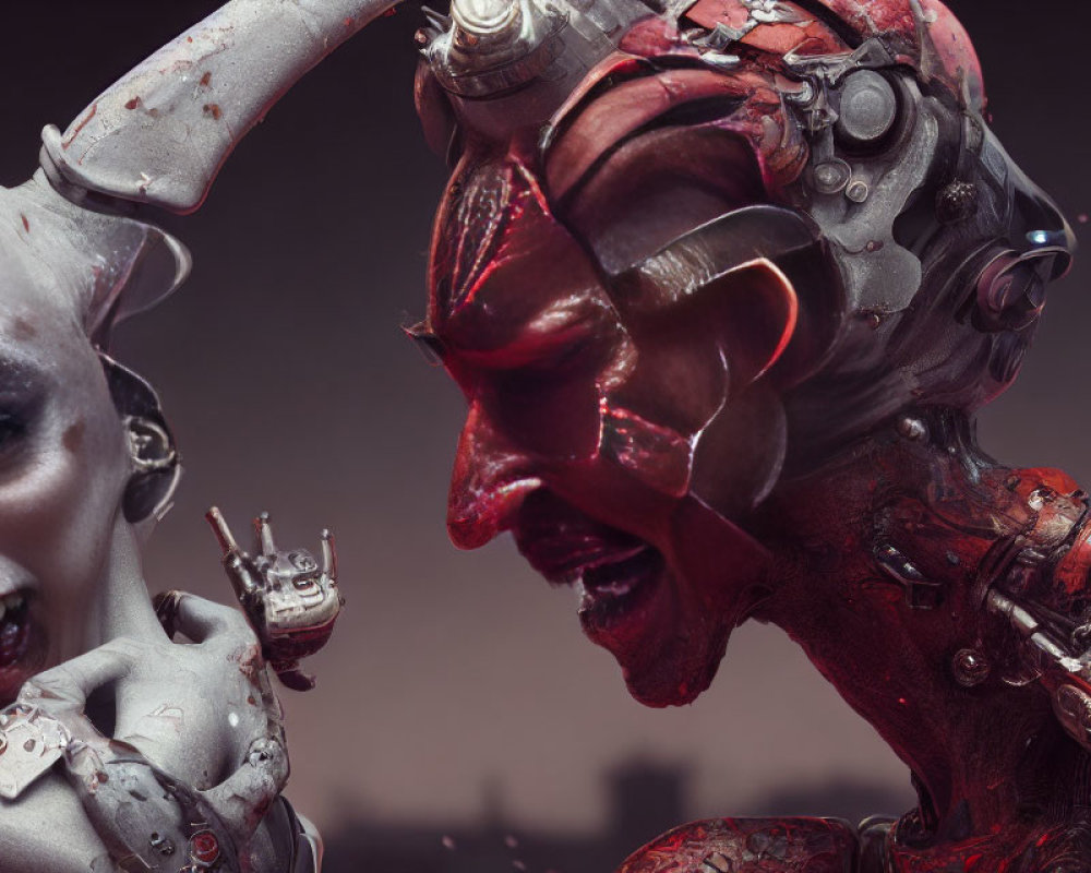 Close-up of two futuristic robotic figures with white and red faces, intricate textures.