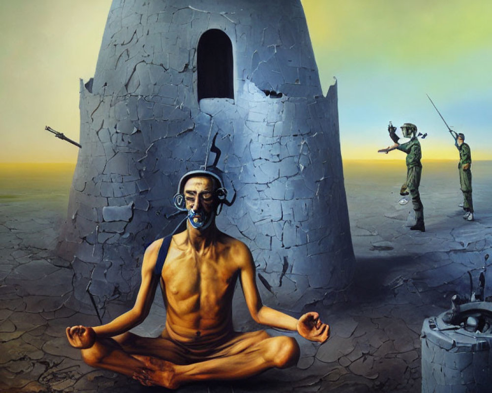 Person meditating with gas mask in desolate landscape with tower and hazmat figures