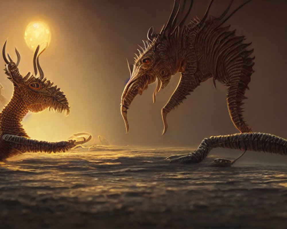 Intricately designed dragons under mystical glowing orb in dusky atmosphere
