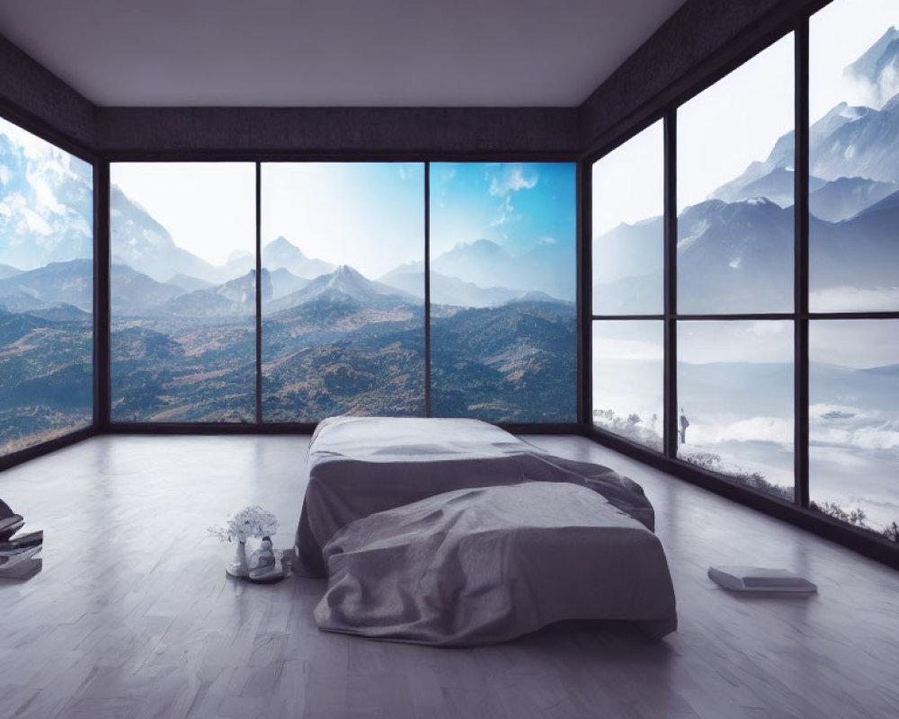 Spacious modern bedroom with panoramic mountain view and grey bedding