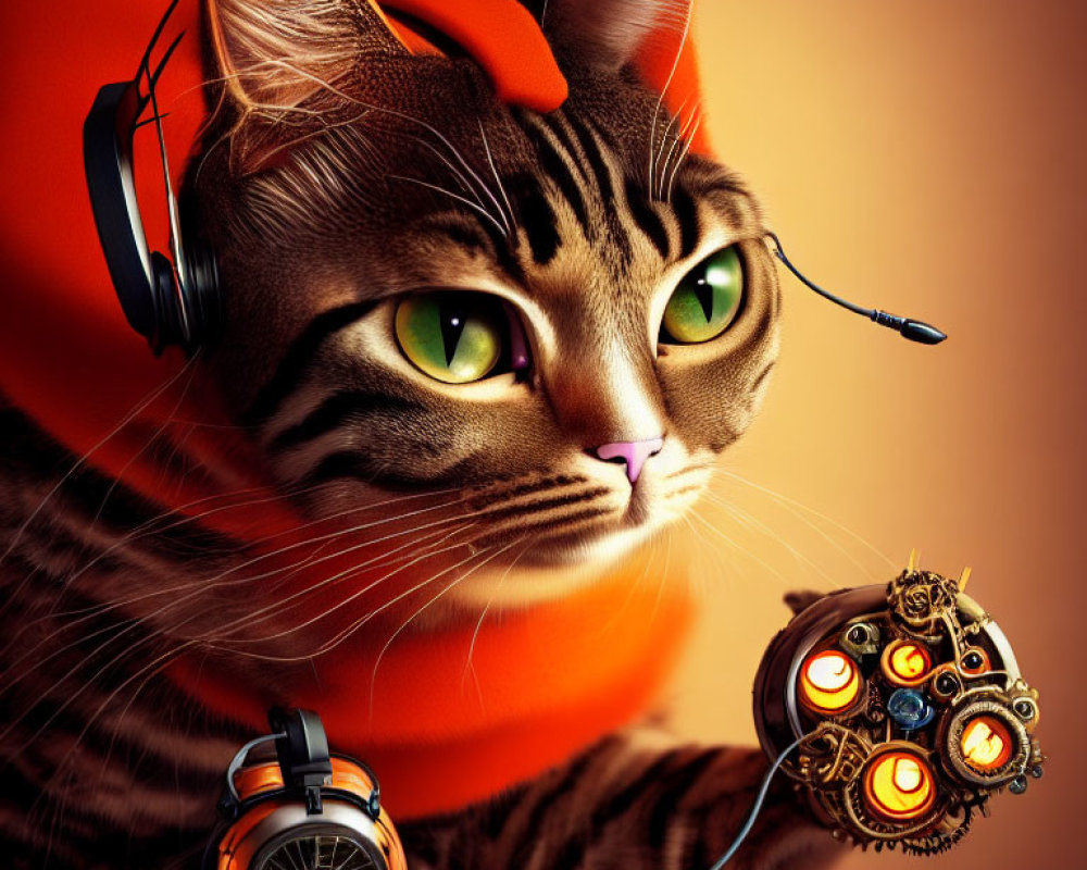 Tabby Cat with Green Eyes Wearing Headphones and Microphone Holding Steampunk Gadget