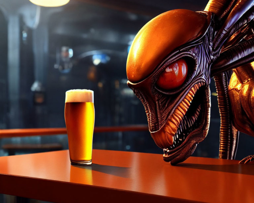 Alien creature with beer on bar counter under warm lighting