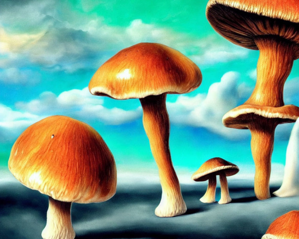 Surreal painting featuring oversized mushrooms under a dramatic sky