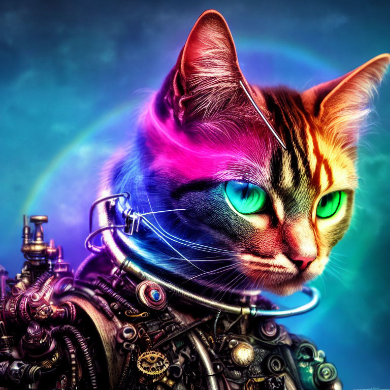 Colorful surreal image: Mechanical-bodied cat with feline head, green eyes, rainbow backdrop