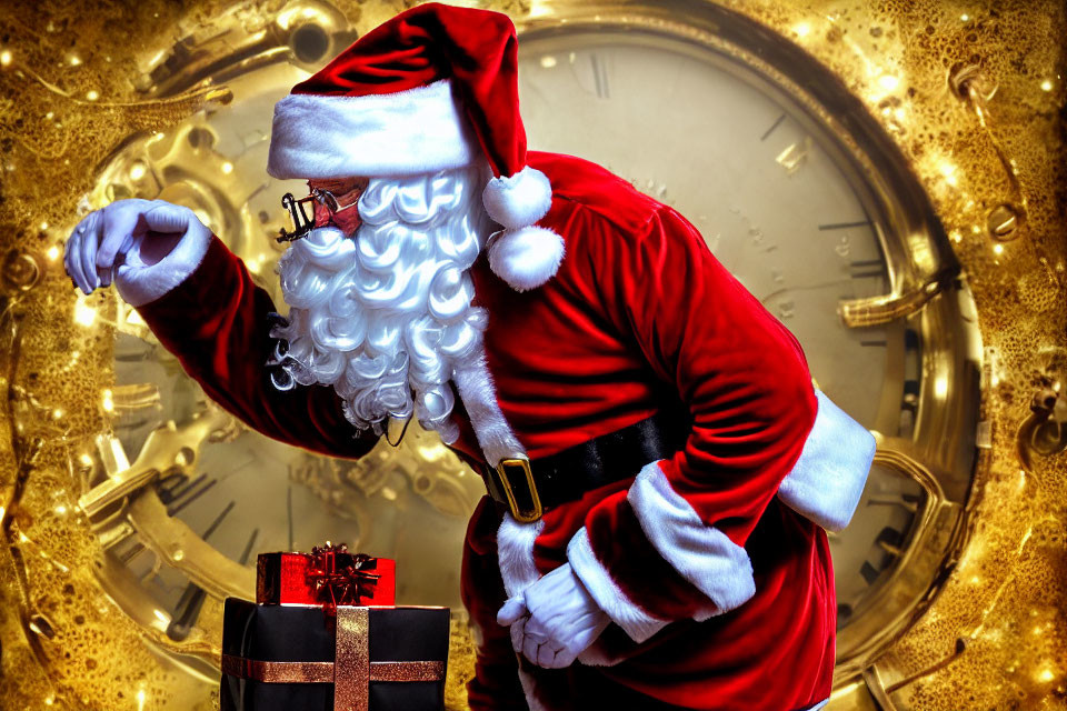 Santa Claus placing a gift near a large clock for Christmas scene.
