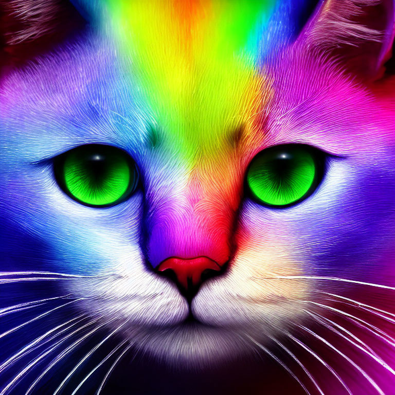 Colorful Close-Up Image of Rainbow Cat with Green Eyes