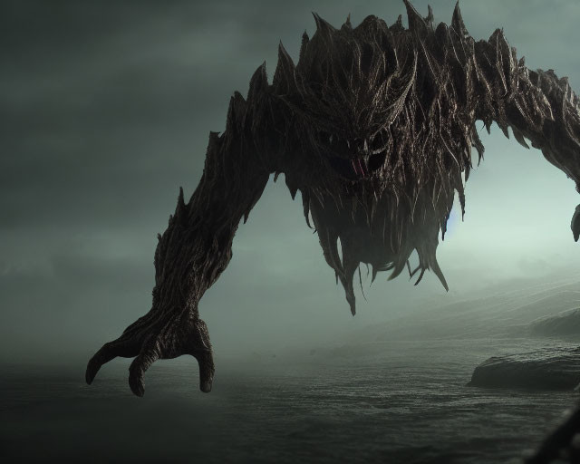 Menacing creature with sharp claws and jagged teeth in foggy landscape