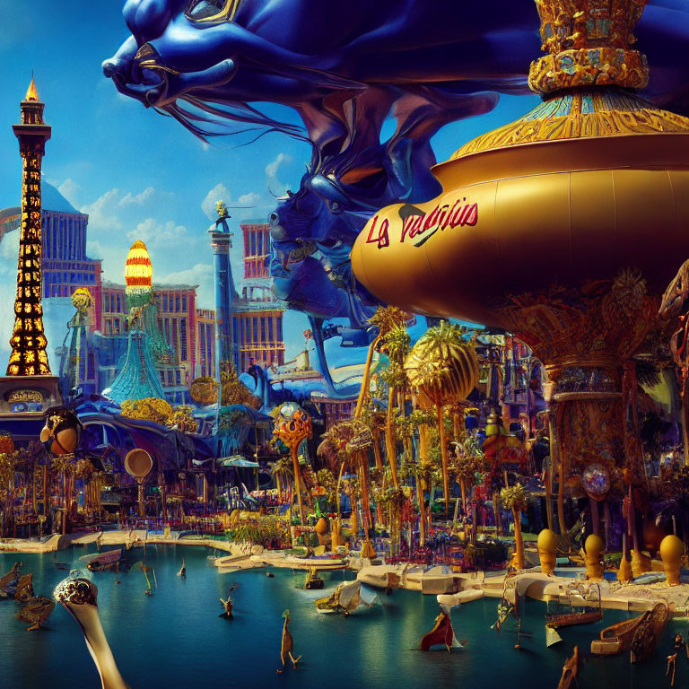 Vibrant surreal Vegas skyline with golden structures and whimsical sculptures