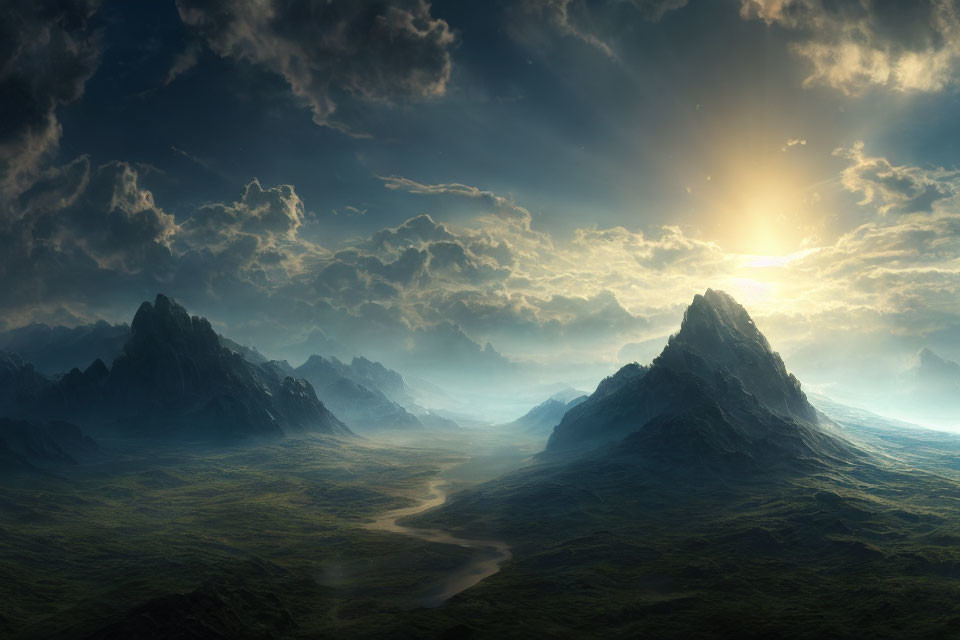 Majestic landscape with towering mountains, dramatic sky, sun peeking through clouds, snaking river