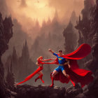 Animated superheroes with capes flying over mountain landscape under sun