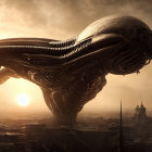 Futuristic alien spaceship above classic building at sunset