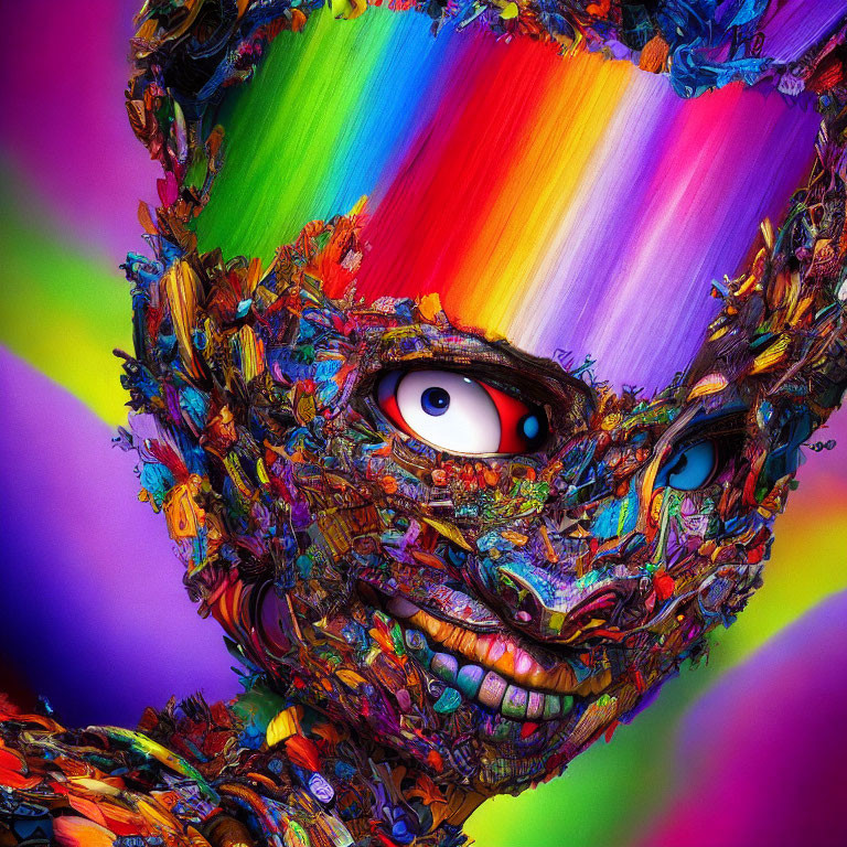 Colorful digital artwork: Face with rainbow hair and mechanical details