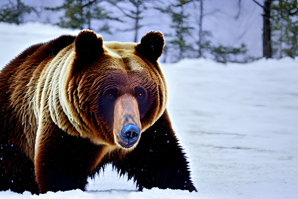 Brown bear close-up against snowy background with sparse trees