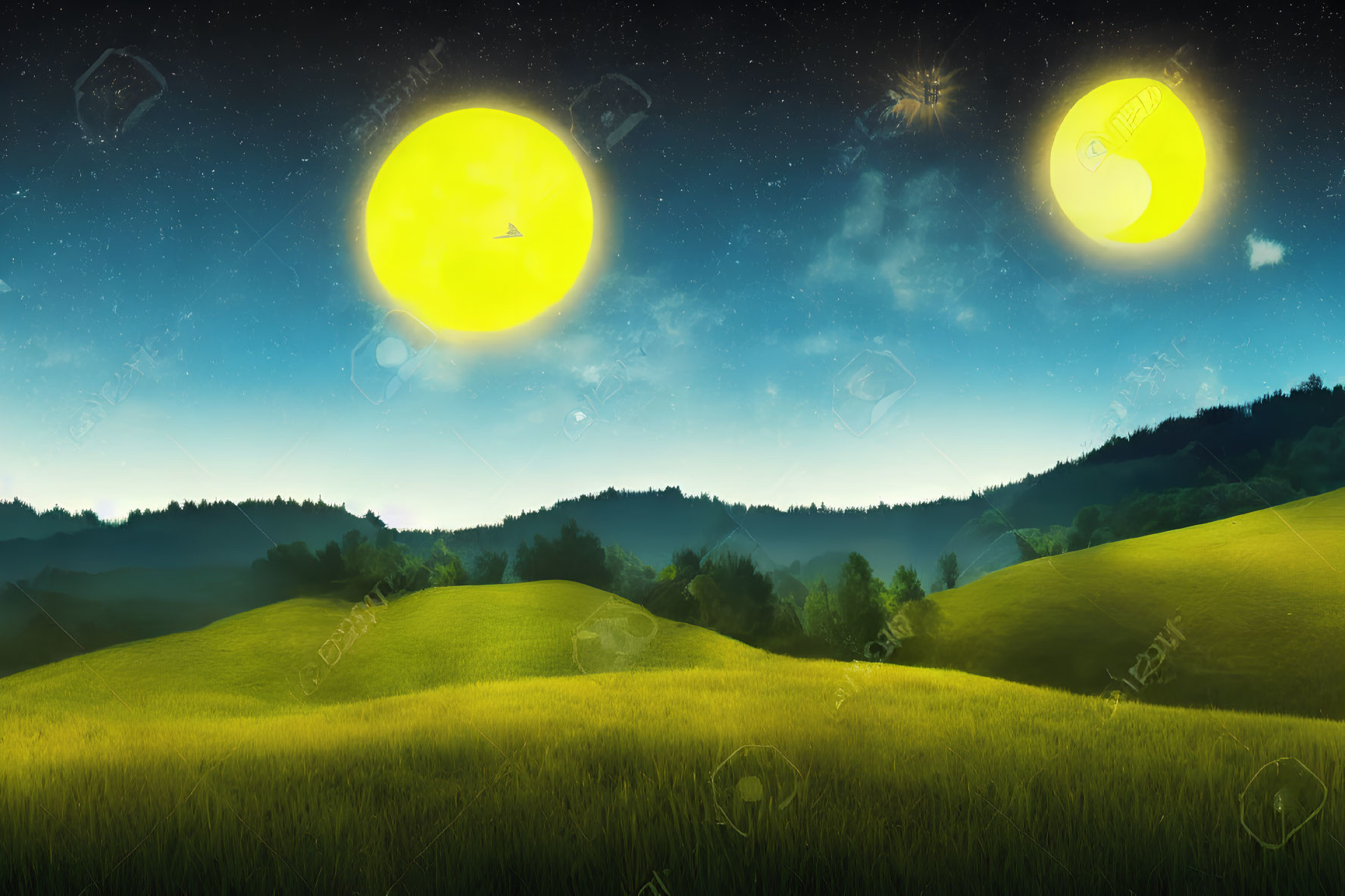 Surreal landscape with two yellow moons, starry sky, green hills, and dark forest.