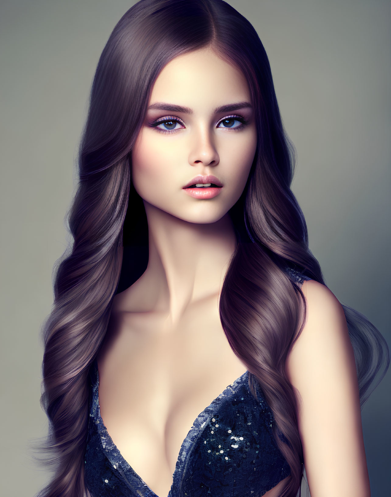 Woman with Long Wavy Brown Hair and Blue Eyes in Sequined Top on Neutral Background
