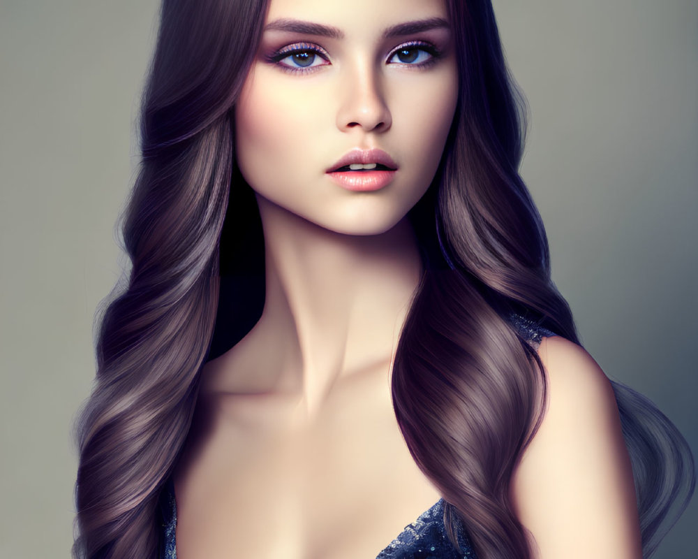 Woman with Long Wavy Brown Hair and Blue Eyes in Sequined Top on Neutral Background