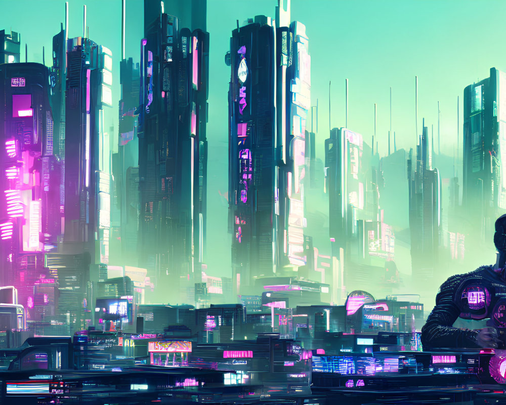Futuristic cityscape with person wearing glowing red visor