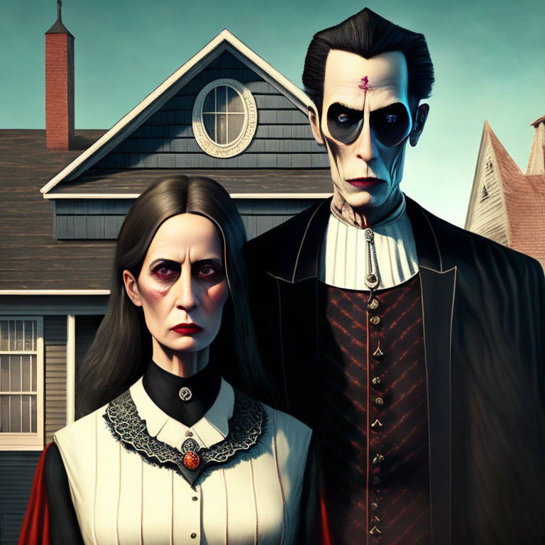 Stylized Gothic male and female characters in Victorian attire by house