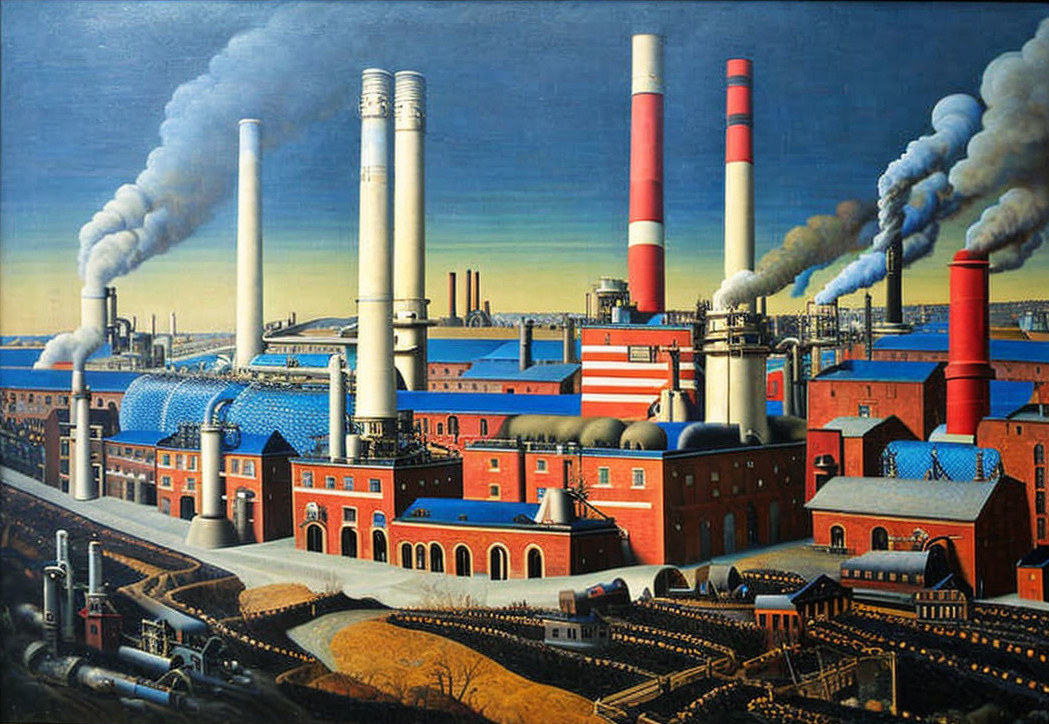 Industrial Landscape Painting with Factory Buildings and Smoke Chimneys